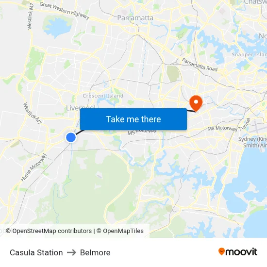 Casula Station to Belmore map