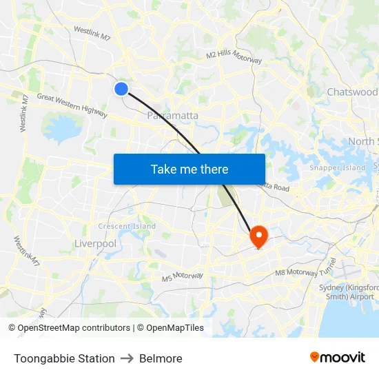Toongabbie Station to Belmore map