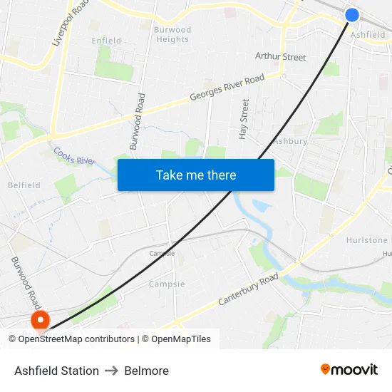 Ashfield Station to Belmore map