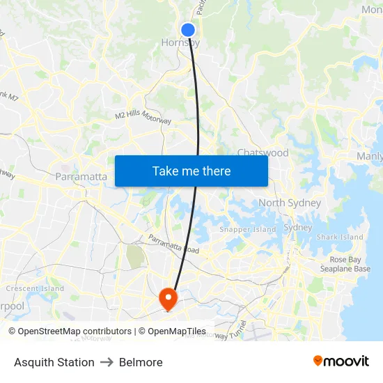 Asquith Station to Belmore map