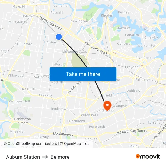 Auburn Station to Belmore map