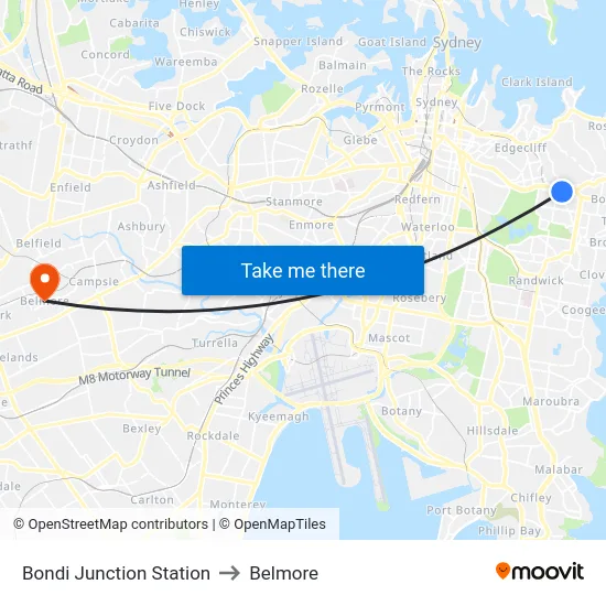 Bondi Junction Station to Belmore map