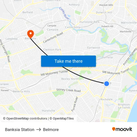 Banksia Station to Belmore map
