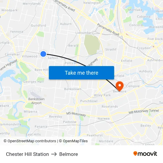 Chester Hill Station to Belmore map