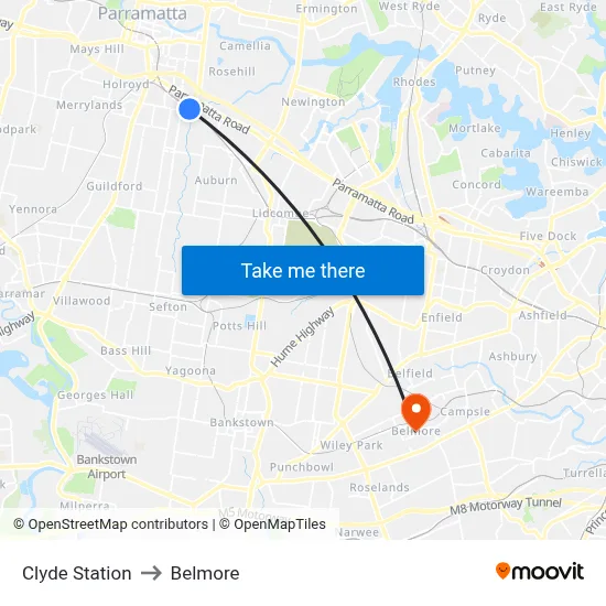 Clyde Station to Belmore map