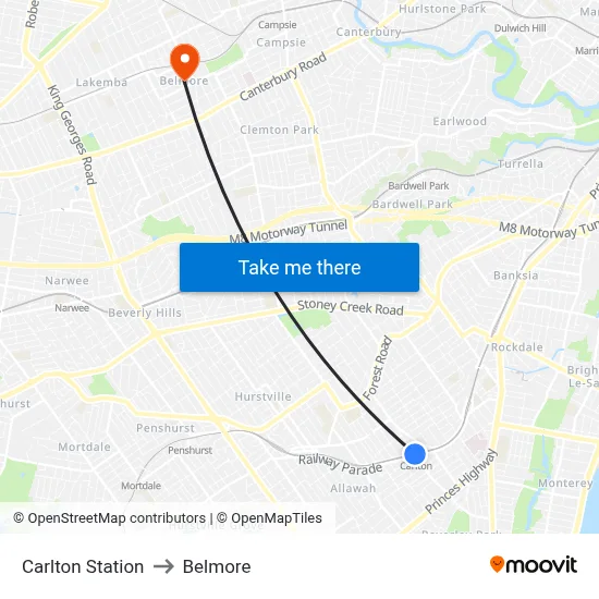 Carlton Station to Belmore map