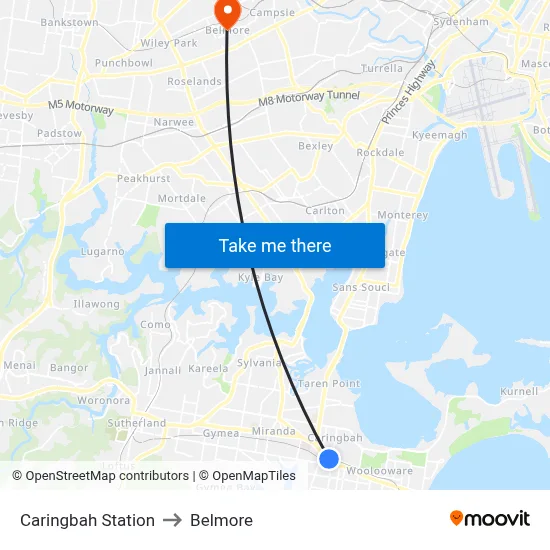 Caringbah Station to Belmore map