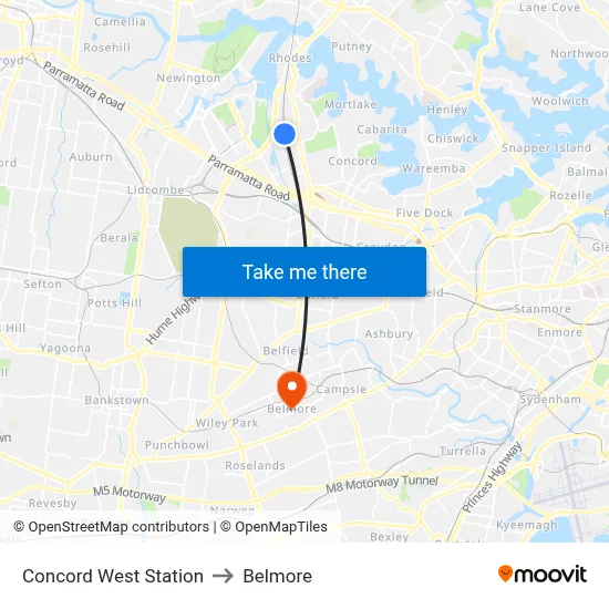 Concord West Station to Belmore map
