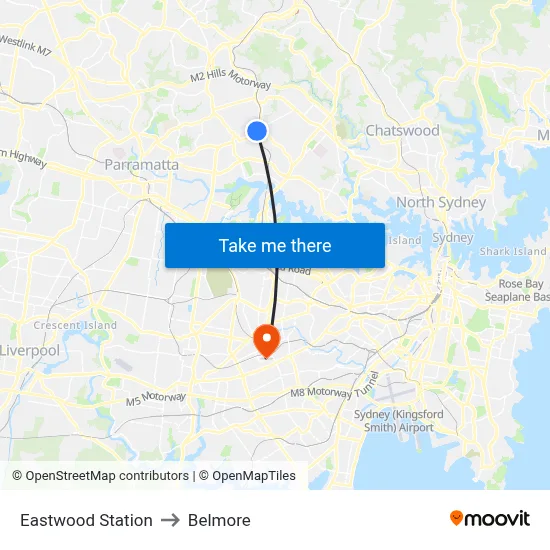 Eastwood Station to Belmore map