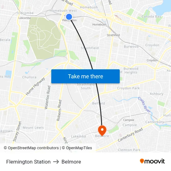 Flemington Station to Belmore map