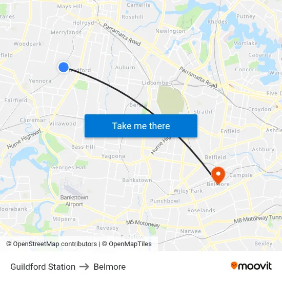 Guildford Station to Belmore map