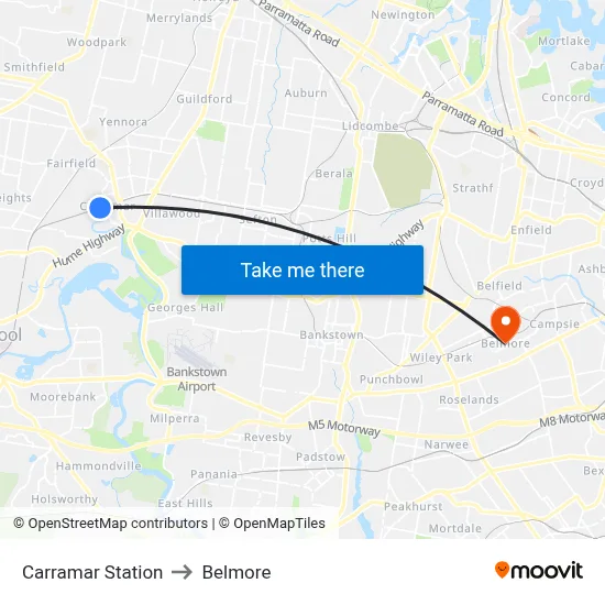 Carramar Station to Belmore map