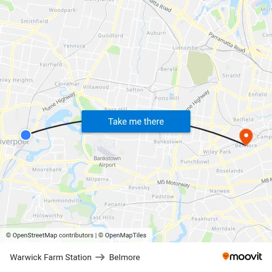 Warwick Farm Station to Belmore map
