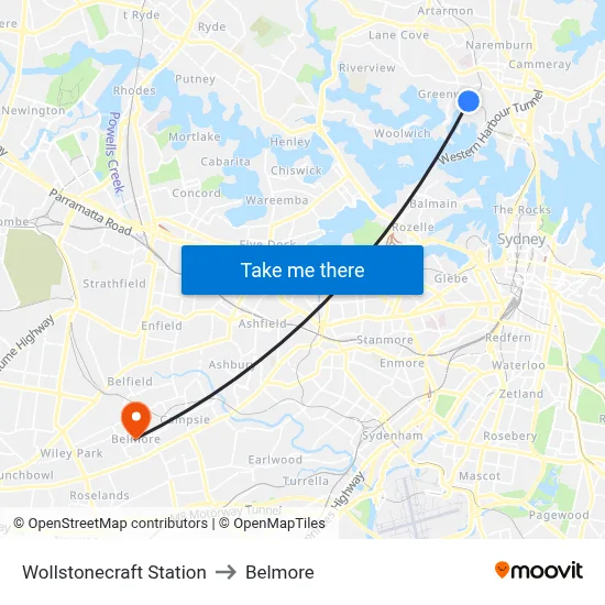 Wollstonecraft Station to Belmore map