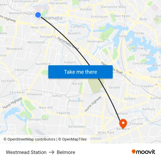 Westmead Station to Belmore map