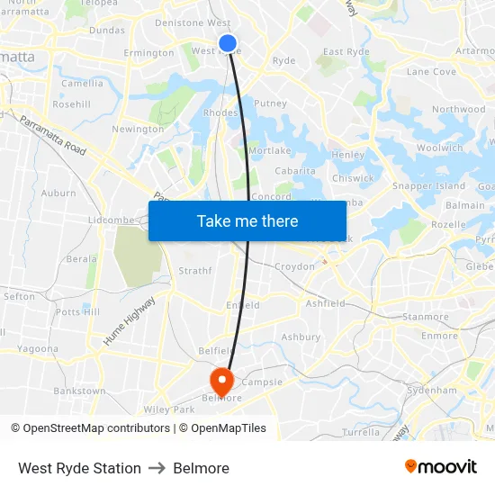 West Ryde Station to Belmore map