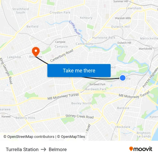Turrella Station to Belmore map