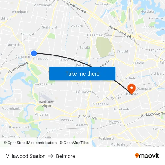 Villawood Station to Belmore map