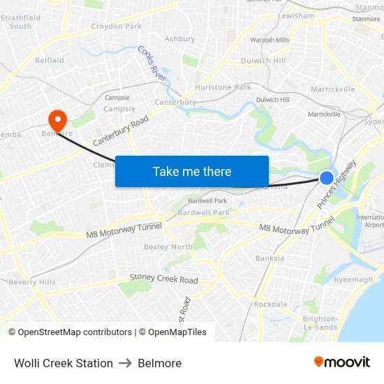 Wolli Creek Station to Belmore map