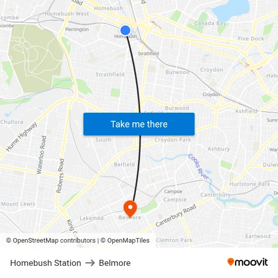 Homebush Station to Belmore map