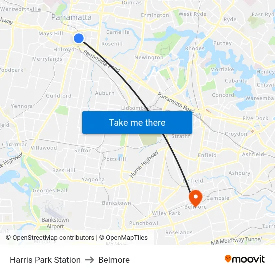 Harris Park Station to Belmore map