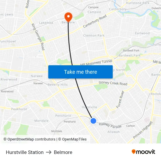 Hurstville Station to Belmore map