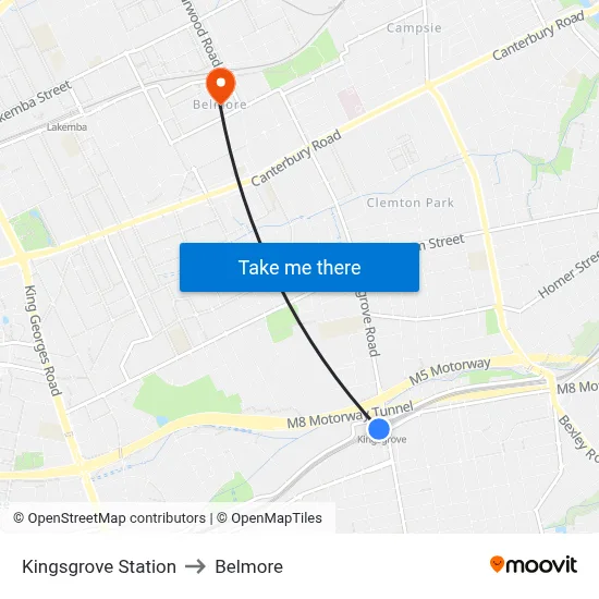 Kingsgrove Station to Belmore map