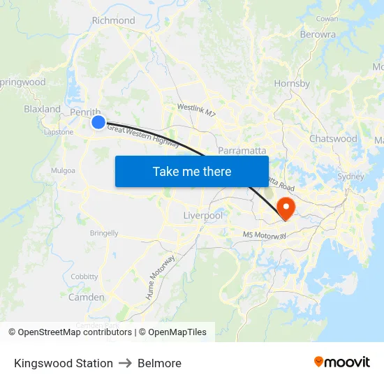Kingswood Station to Belmore map