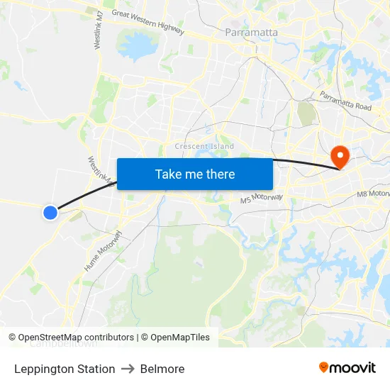 Leppington Station to Belmore map