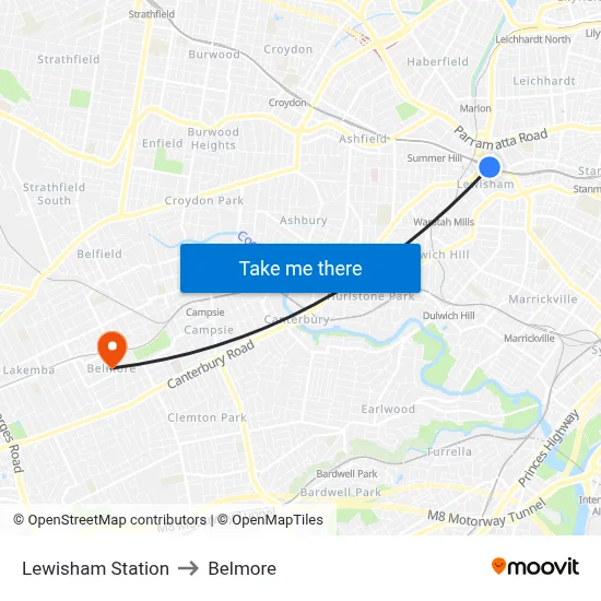 Lewisham Station to Belmore map