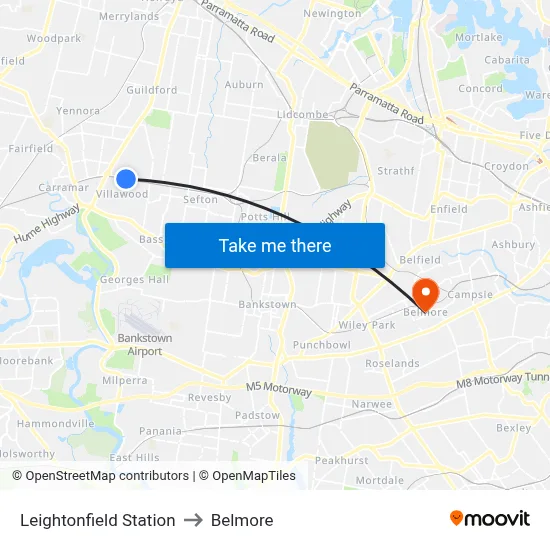 Leightonfield Station to Belmore map