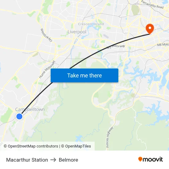 Macarthur Station to Belmore map