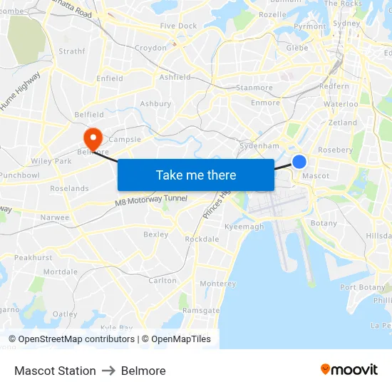 Mascot Station to Belmore map