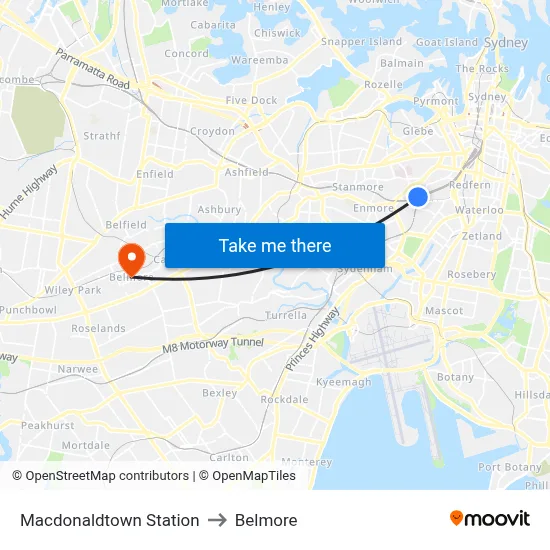 Macdonaldtown Station to Belmore map