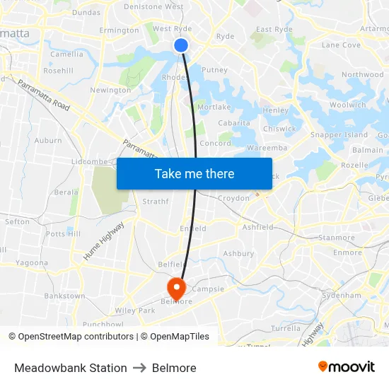 Meadowbank Station to Belmore map