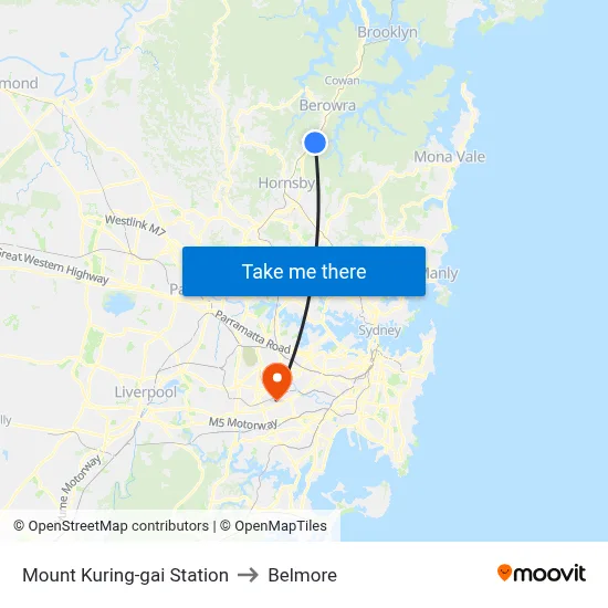 Mount Kuring-gai Station to Belmore map