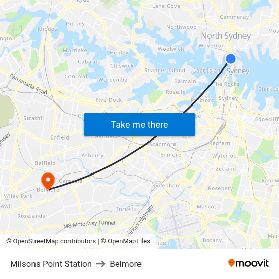 Milsons Point Station to Belmore map