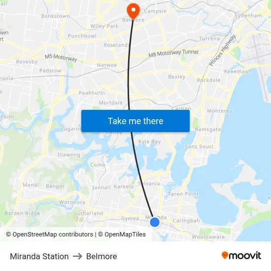 Miranda Station to Belmore map