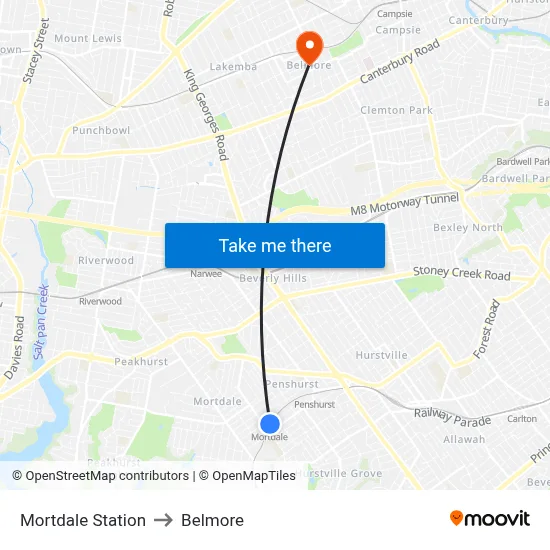 Mortdale Station to Belmore map