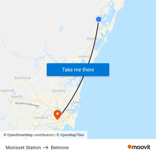 Morisset Station to Belmore map