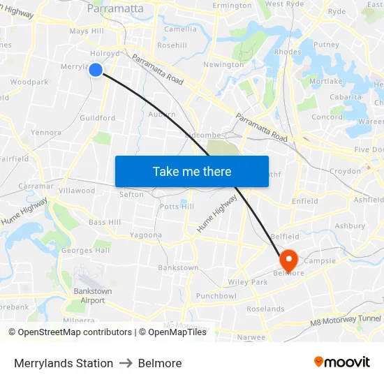 Merrylands Station to Belmore map