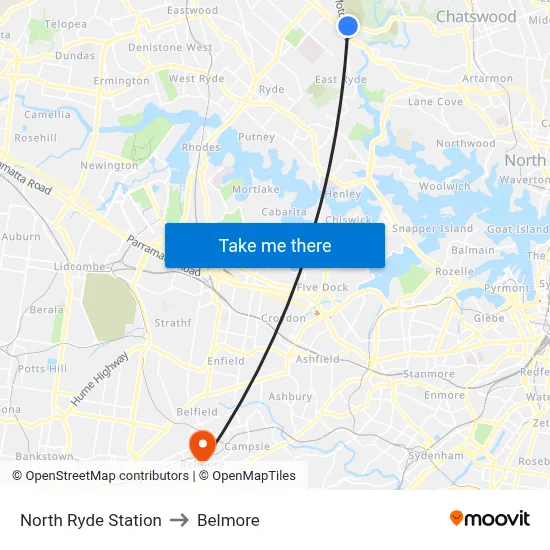 North Ryde Station to Belmore map