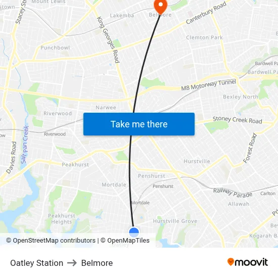 Oatley Station to Belmore map