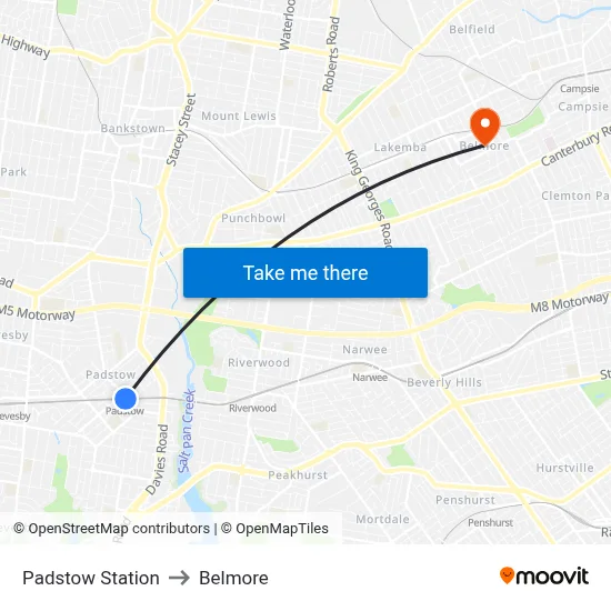 Padstow Station to Belmore map