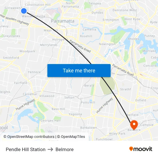 Pendle Hill Station to Belmore map