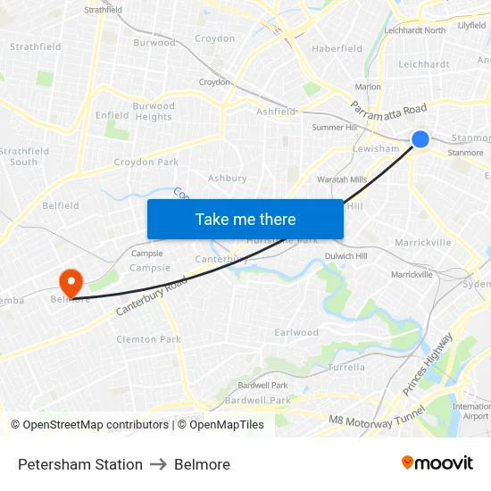 Petersham Station to Belmore map