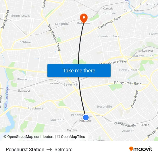 Penshurst Station to Belmore map