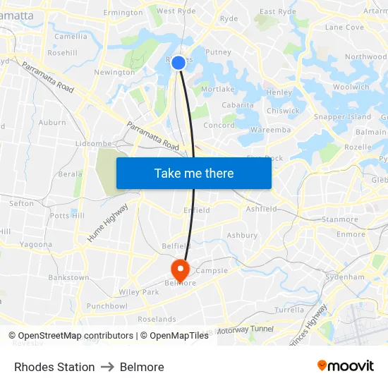 Rhodes Station to Belmore map