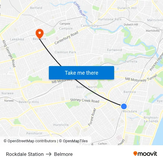 Rockdale Station to Belmore map