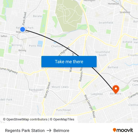 Regents Park Station to Belmore map